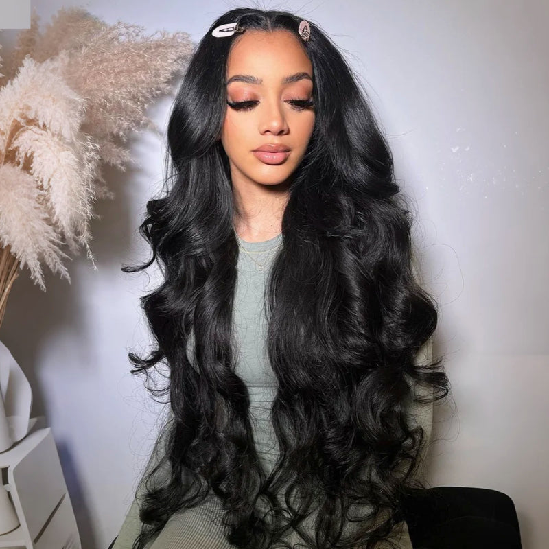 Onimehair™300% Density Glueless 3D Body Wave 7x5 / 13x4 HD Transparent Lace Pull And Go Invisible Drawstring Human Hair Wigs With Natural Hairline