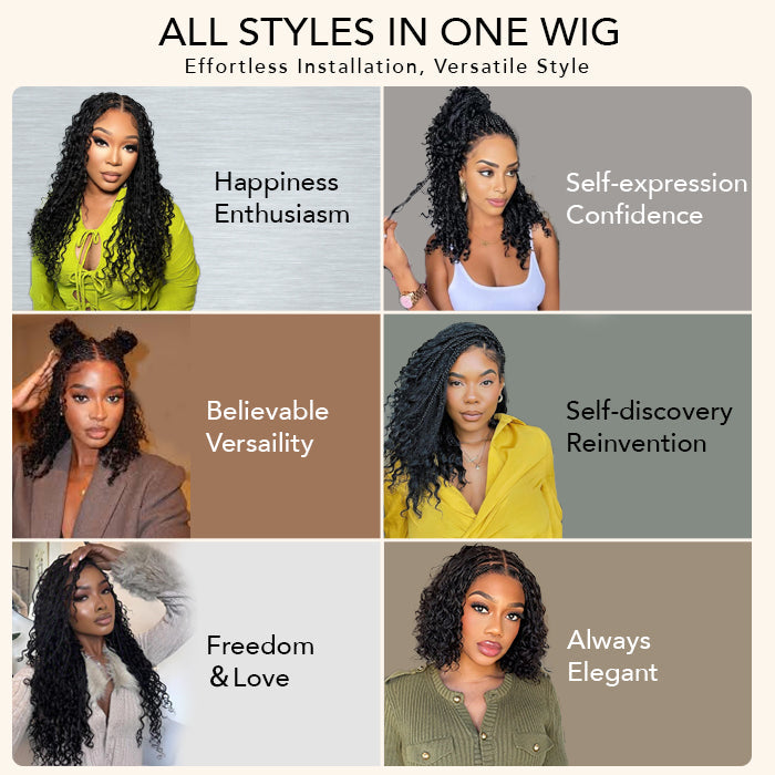 Boho knotless braided wig with curly design, glueless 13x4 HD lace, human hair by onimehair, showcasing intricate braids and natural curls.