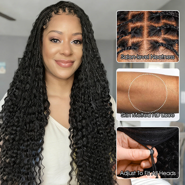 Boho knotless braided wig with curly design, glueless 13x4 HD lace, human hair by onimehair, showcasing natural braided hairstyle.