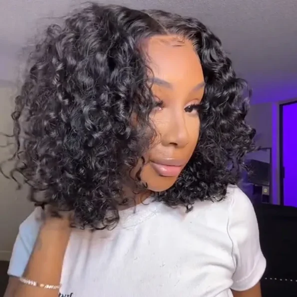 Bouncy Water Wave Short Human Hair Glueless Wig 6×5 Lace Pull Go Drawstring 200% Density
