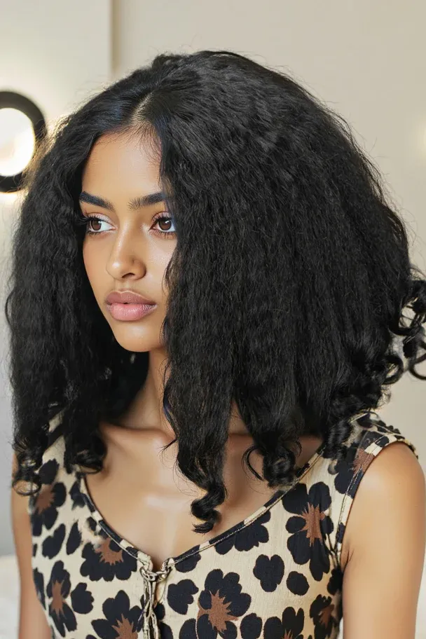 Onime Protective V Part Glueless Wig 100% Human Hair (Kinky Straight Top & Curly End)