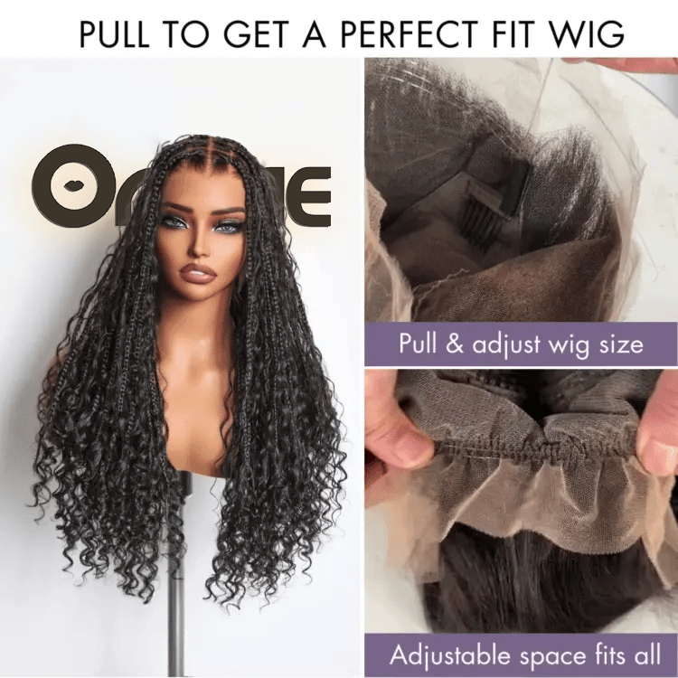  Light Weight Flexi-Fit Invisi Drawstring Cap Full Lace Knotless Boho Curls Braided Long Wig Super Natural Scalp