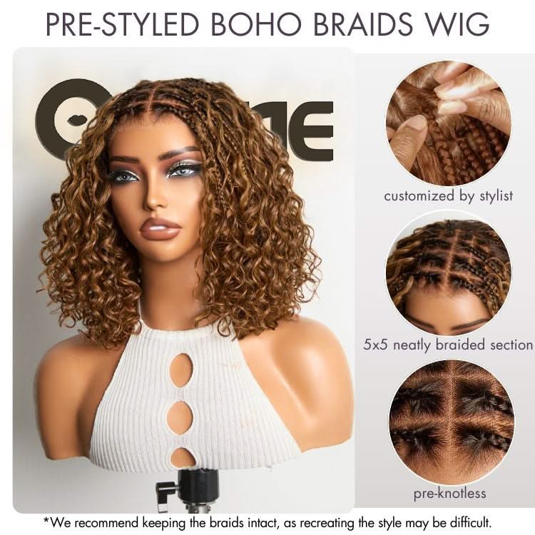 Exclusive Deal | Boho Braids Deep Curly Glueless 5x5 Closure Lace with Braided Top Human Hair Wig Pre-Cut Lace - Onime Hair