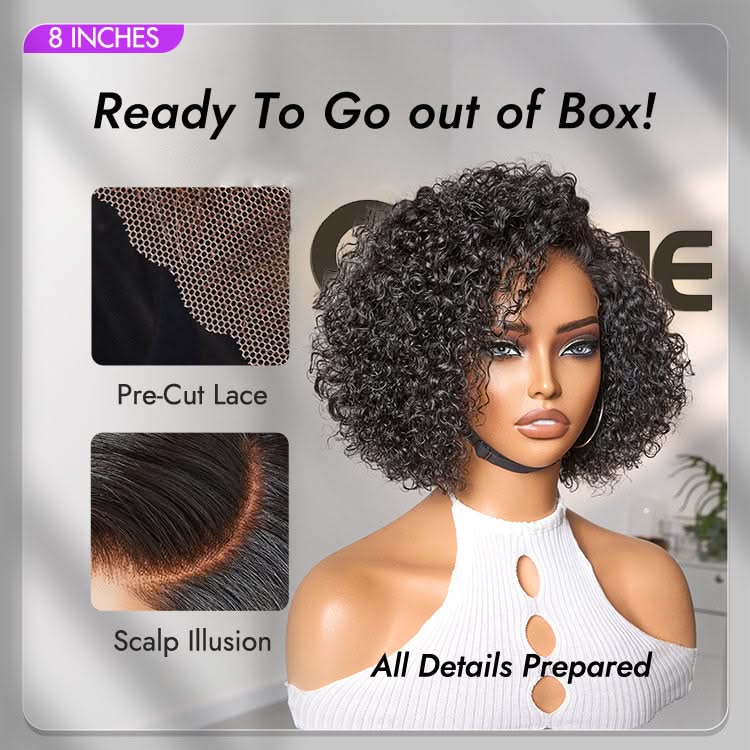 New Customers Only | Trendy Short Cut Curly Minimalist HD Lace Glueless Side Part Wig 100% Human Hair Pre-Cut Lace - Onime Hair