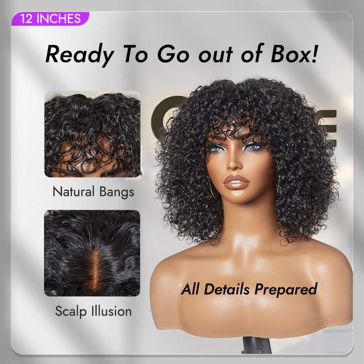 New Customers Only | Beginner Friendly Water Wave Minimalist Lace Glueless Short Curly Wig with Bangs - Onime Hair