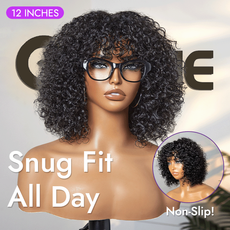 New Customers Only | Beginner Friendly Water Wave Minimalist Lace Glueless Short Curly Wig with Bangs - Onime Hair