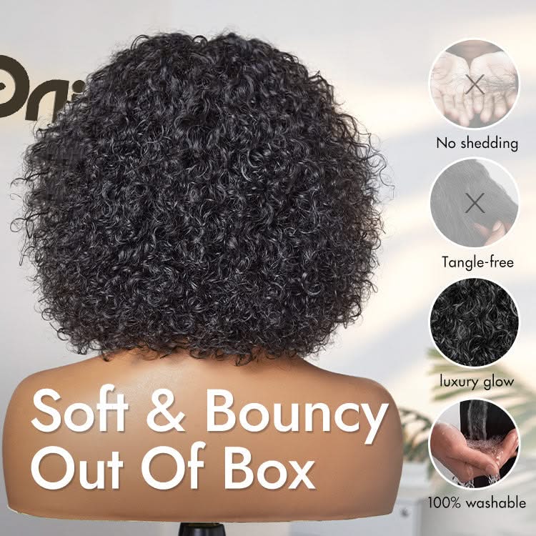 New Customers Only | Beginner Friendly Water Wave Minimalist Lace Glueless Short Curly Wig with Bangs - Onime Hair