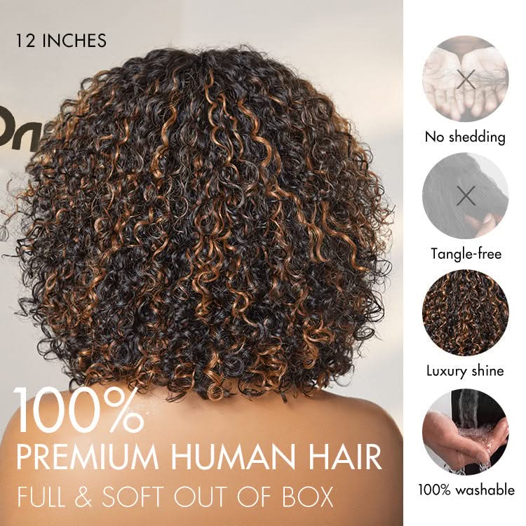 New Customers Only | Beginner Friendly Water Wave Minimalist Lace Glueless Short Curly Wig with Bangs - Onime Hair
