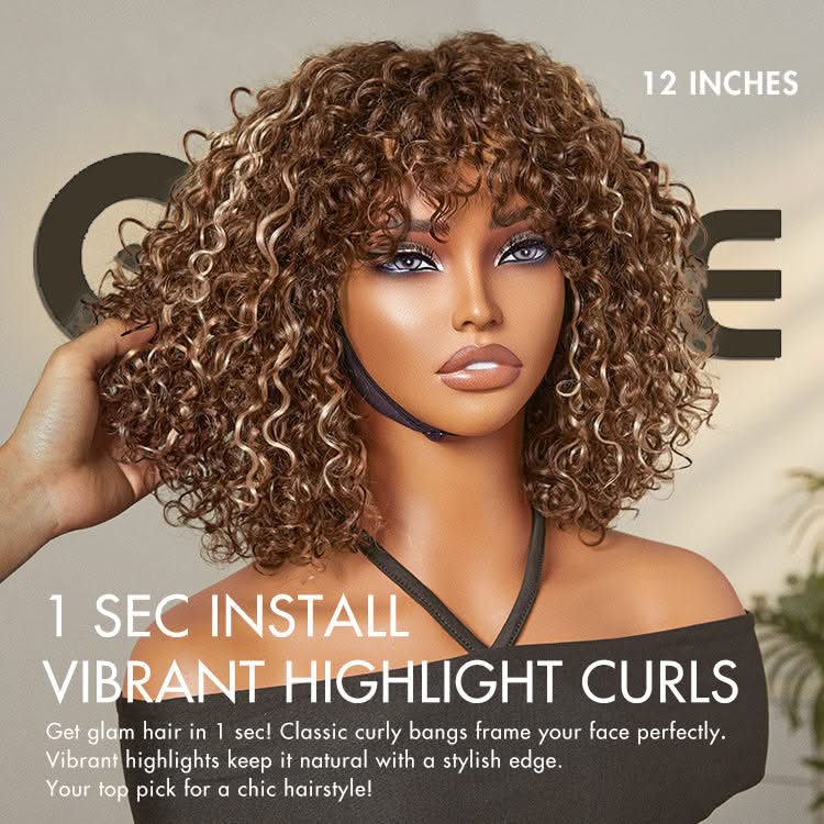 New Customers Only | Beginner Friendly Water Wave Minimalist Lace Glueless Short Curly Wig with Bangs - Onime Hair