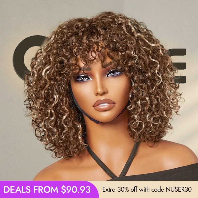 New Customers Only | Beginner Friendly Water Wave Minimalist Lace Glueless Short Curly Wig with Bangs - Onime Hair