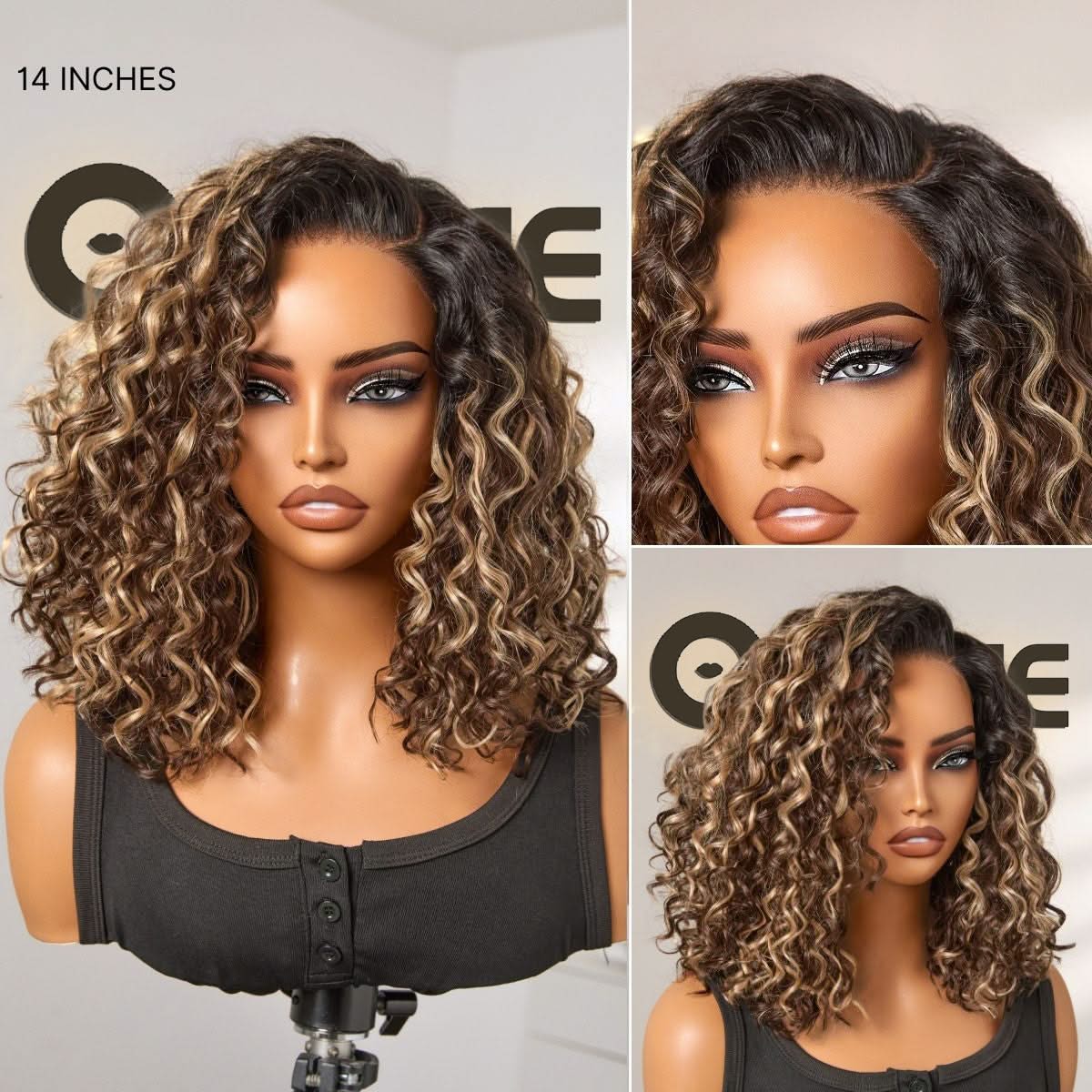 Ready to Go Blonde Highlight / Natural Black Water Wave Short Curly Bob Wig Glueless Minimalist HD Lace Wig Pre-Cut Lace - Onime Hair