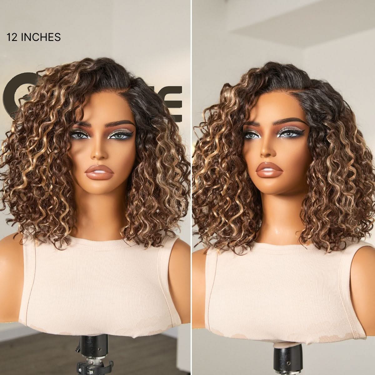 Ready to Go Blonde Highlight / Natural Black Water Wave Short Curly Bob Wig Glueless Minimalist HD Lace Wig Pre-Cut Lace - Onime Hair