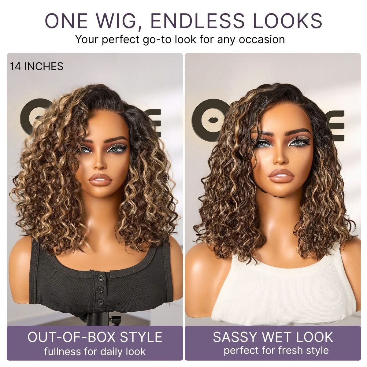 Ready to Go Blonde Highlight / Natural Black Water Wave Short Curly Bob Wig Glueless Minimalist HD Lace Wig Pre-Cut Lace - Onime Hair