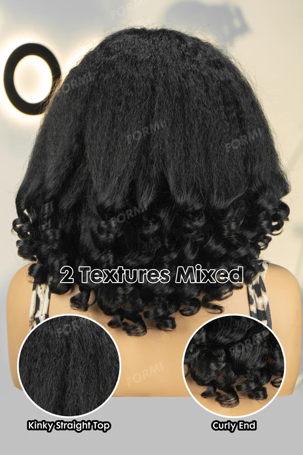 Onime Protective V Part Glueless Wig 100% Human Hair (Kinky Straight Top & Curly End)