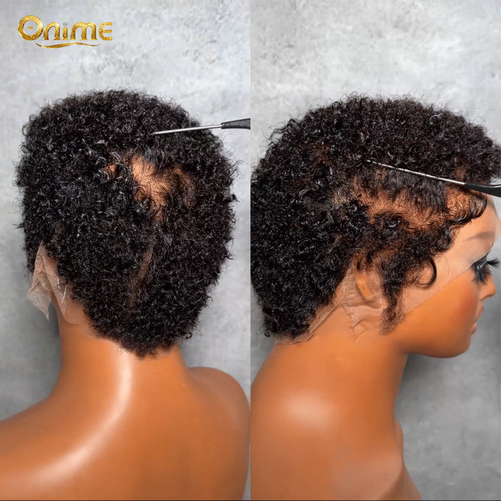 Onimehair natural black curly short pixie cut lace front wig with full lace and free part for women