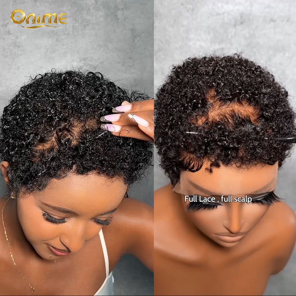 Full lace free part curly black short pixie cut human hair wig for women by ONIMEHAIR, natural black lace front hairstyle.