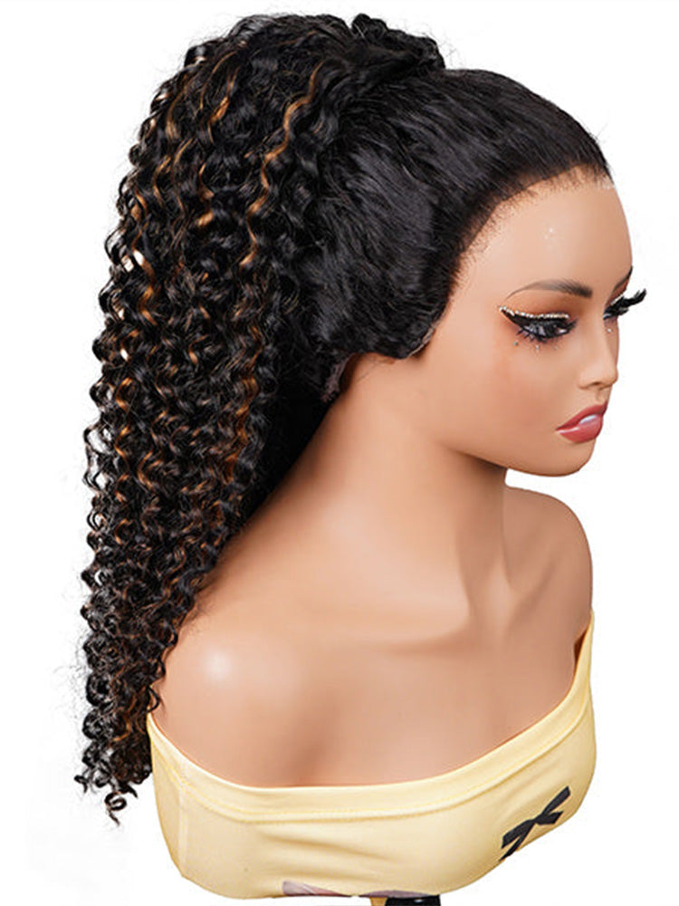 Onimehair™ 3 IN 1 Water Wave Glueless Black Wig With Golden Brown Highlight Wear Go Half Wig