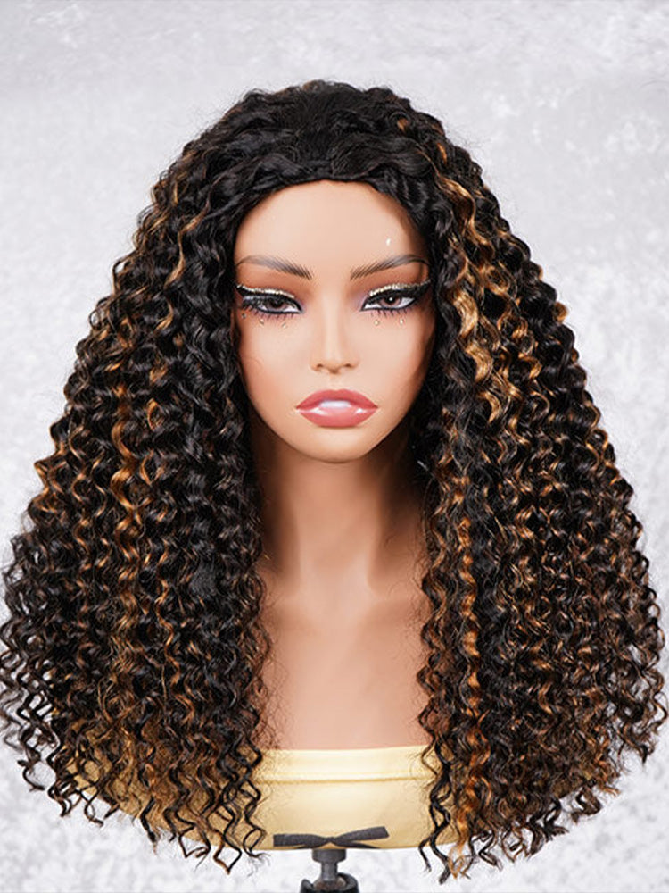 Onimehair™ 3 IN 1 Water Wave Glueless Black Wig With Golden Brown Highlight Wear Go Half Wig