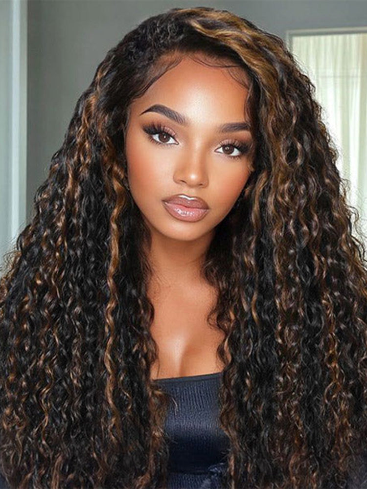 Onimehair™ 3 IN 1 Water Wave Glueless Black Wig With Golden Brown Highlight Wear Go Half Wig