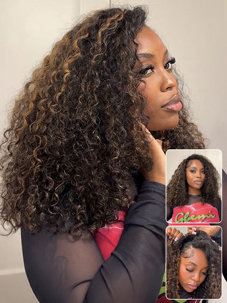 Onimehair™ 3 IN 1 Highlight Ombre Brown Water Wave Half Wig-Glueless & Beginner Friendly