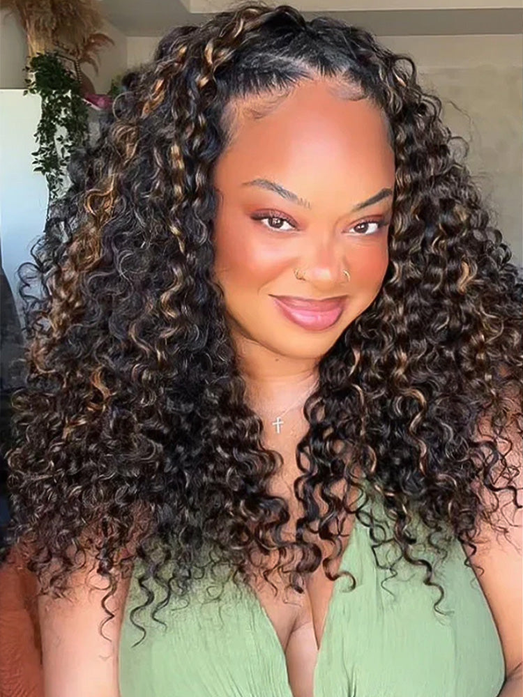 Onimehair™ 3 IN 1 Highlight Ombre Brown Water Wave Half Wig-Glueless & Beginner Friendly