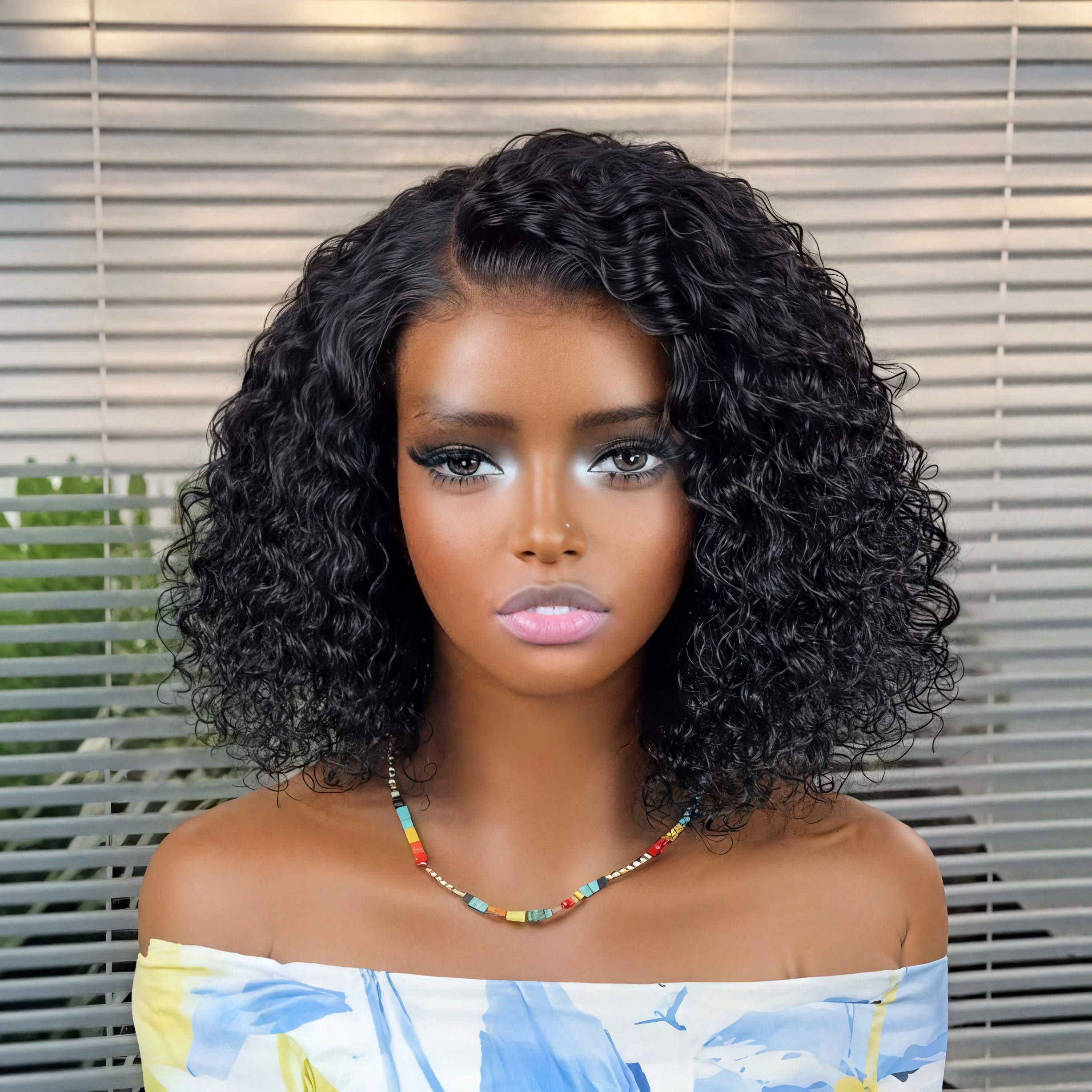Wet and wavy 5x5 lace closure wig by mysite featuring side part and glueless human hair water wave style.