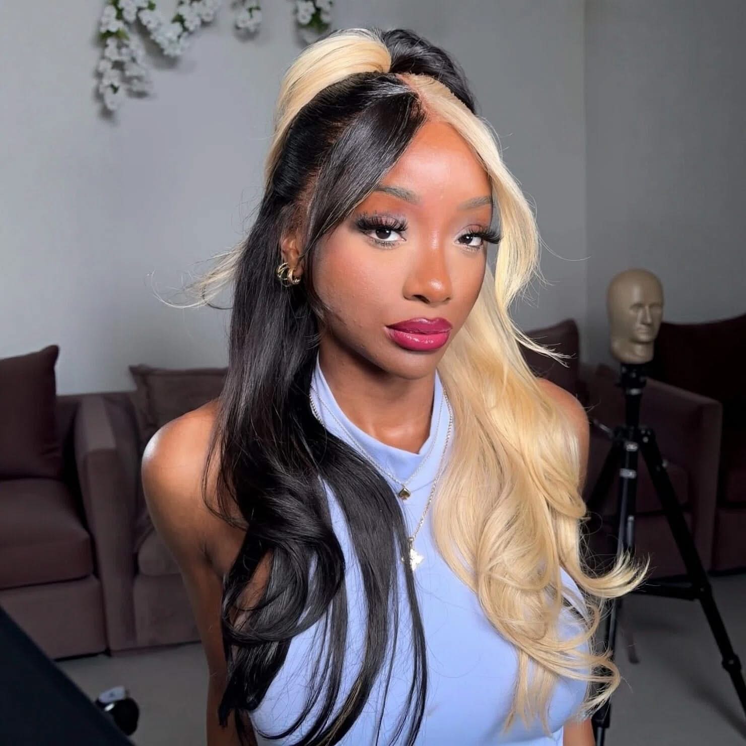 MySite Onimehair split dye lace front wig with half blonde and half black hair, 200% density, natural-looking lace front.