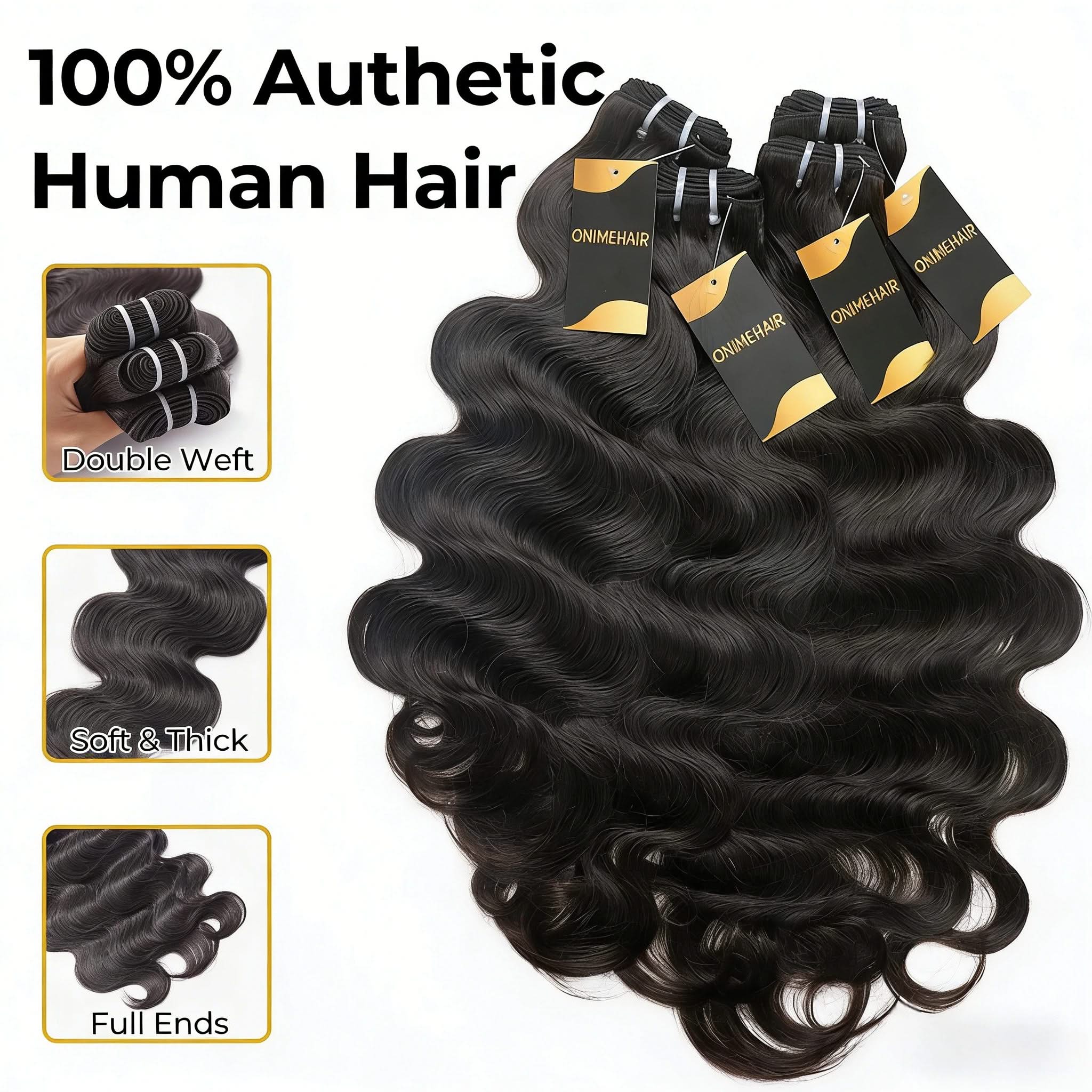 Body wave bundles of 10A grade 100% human virgin hair extensions in a natural flow, displayed in a styled arrangement.
