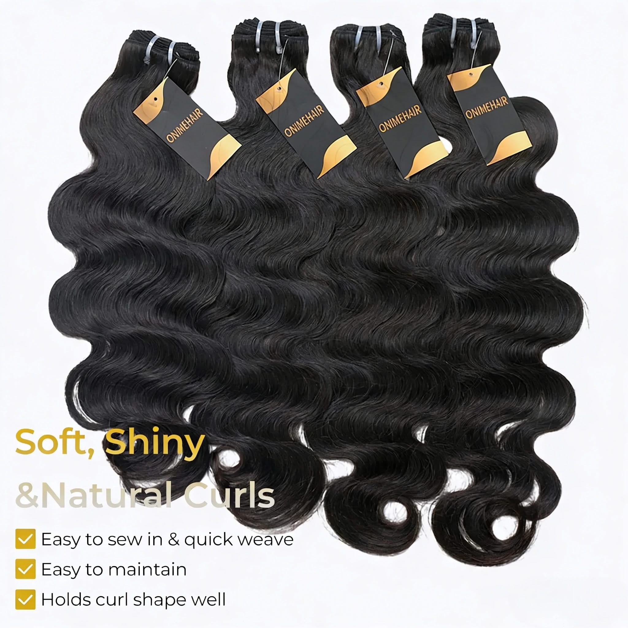 Body wave bundles of 10A grade 100% human virgin hair extensions by ONIMEHAIR, showcasing soft, flowing waves.