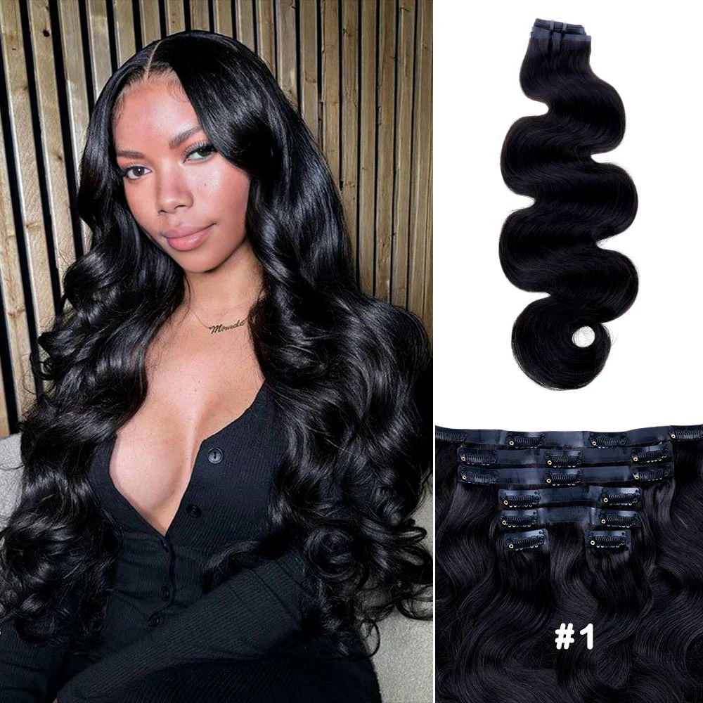 Onime Seamless Clip in Hair Extensions Super Flat Colored Body Wave Real Human Hair