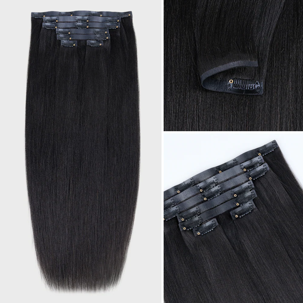 Onime Seamless Clip in Hair Extensions Super Flat Yaki Straight Real Human Hair
