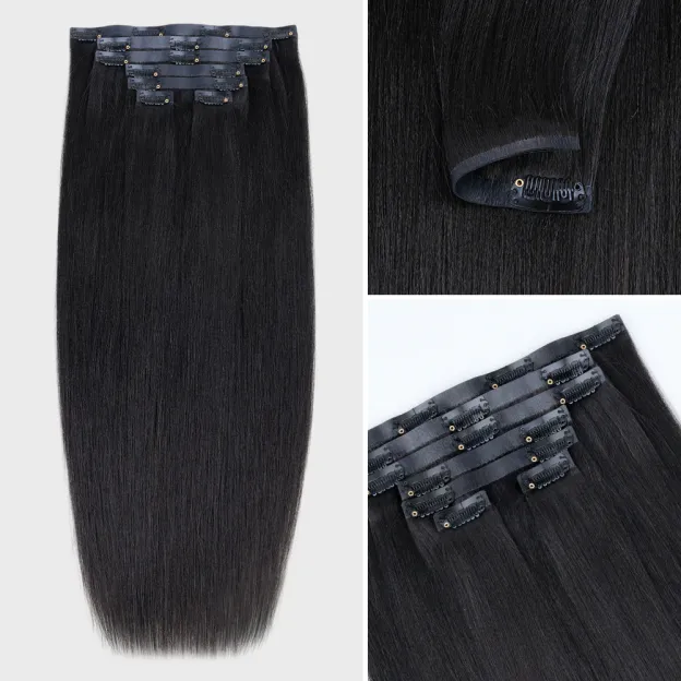 Onime Seamless Clip in Hair Extensions Super Flat Yaki Straight Real Human Hair