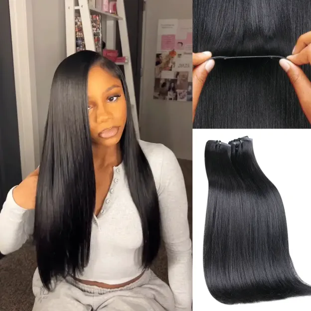 Onime Seamless Clip in Hair Extensions Super Flat Yaki Straight Real Human Hair