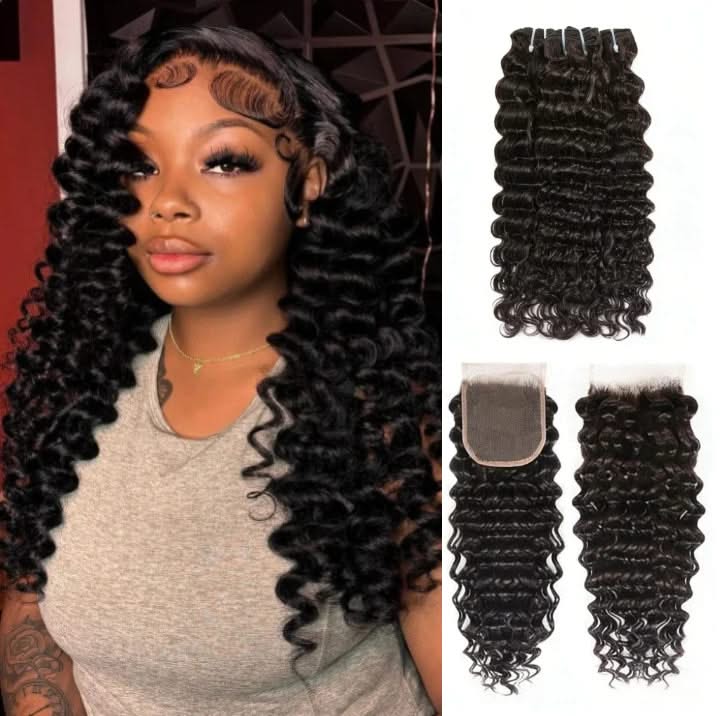 10A Grade deep curly wave hair bundles, 100% human virgin hair extensions in a natural, glossy finish.
