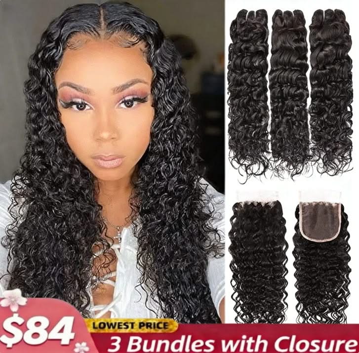 Water wave bundles of Remy human hair for Black women, showcasing a natural look and soft, bouncy texture.
