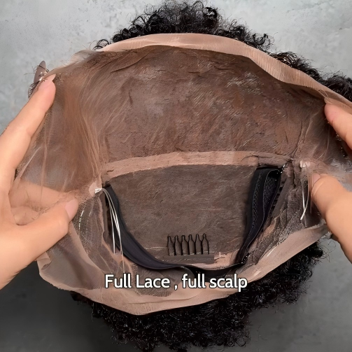 Natural black short curly human hair lace front wig with free part, full lace design, styled in a modern pixie cut for women.