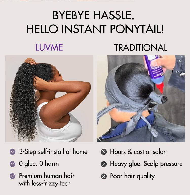 Water Wave Flexi-Fit Drawstring Ponytail Extension Human Hair Natural Black Curly Ponytail