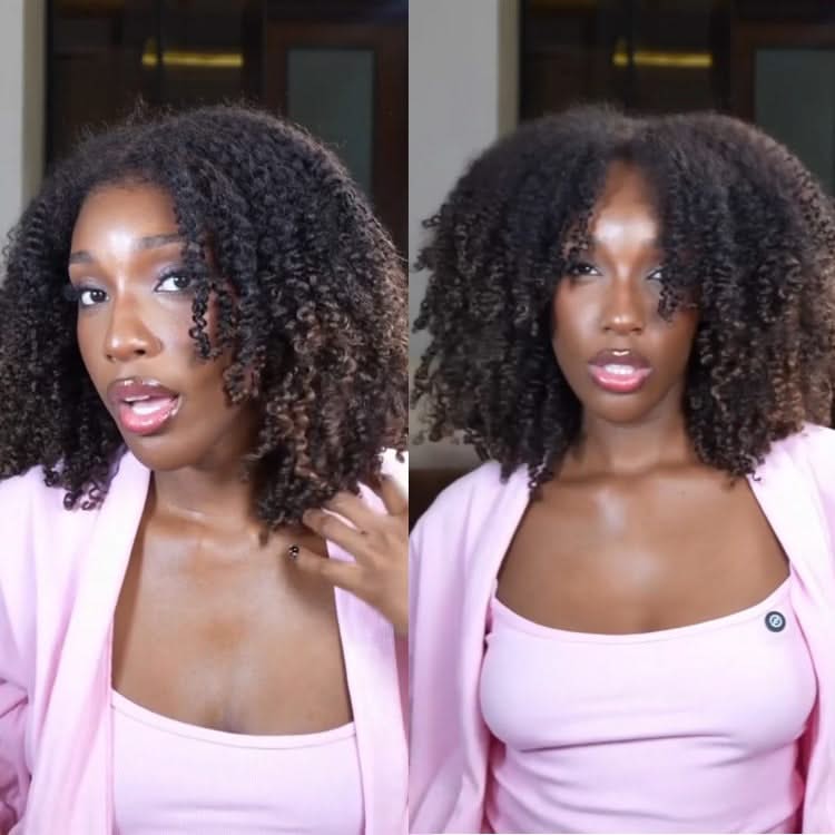 Glueless Afro curl human hair lace front wig in natural black and highlight brown with 4C edges, featuring HD transparent lace.