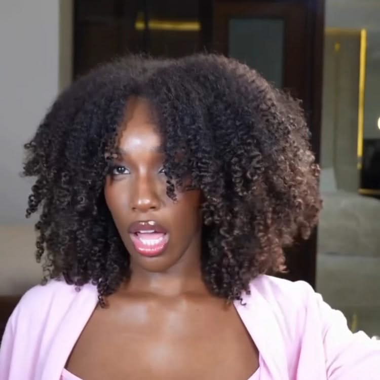 Glueless Afro Curl Human Hair Lace Front Wig in natural black and highlight brown with 4C edges, showcasing textured curls.
