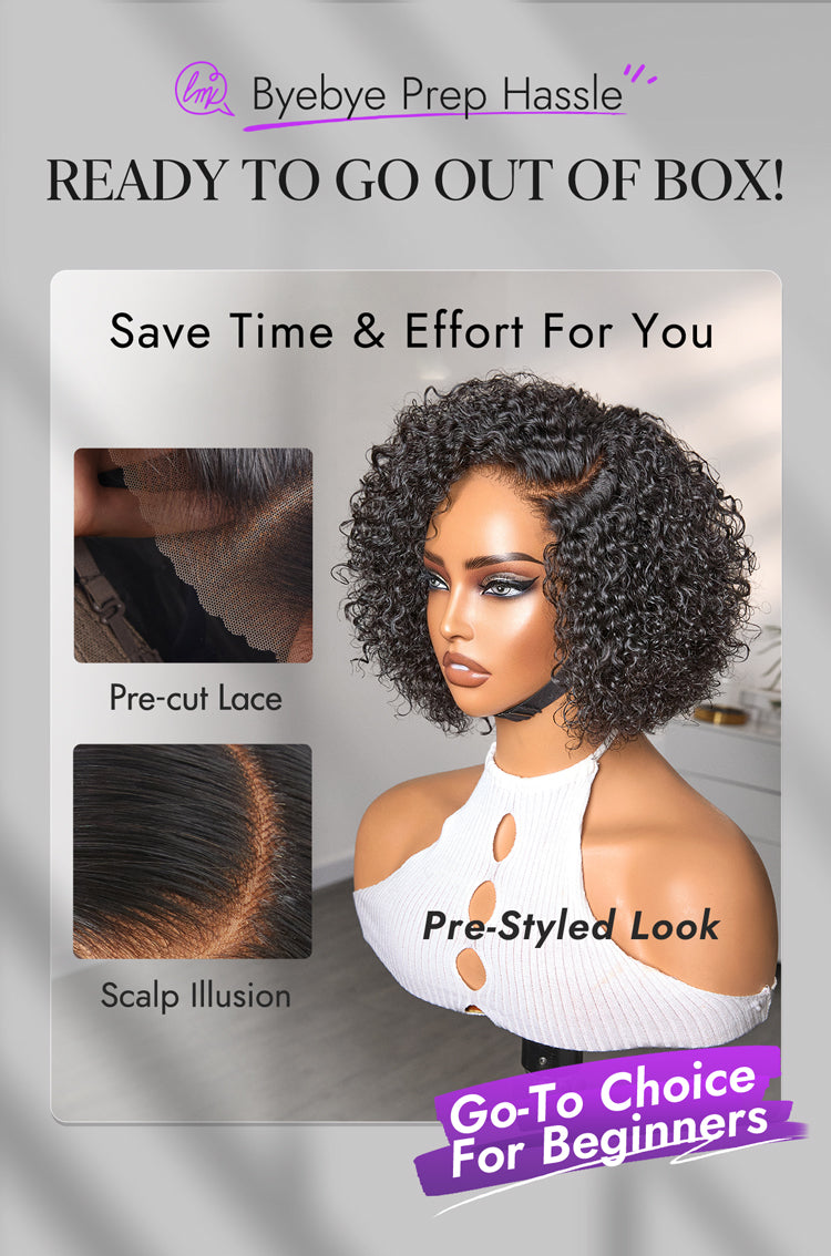 New Customers Only | Trendy Short Cut Curly Minimalist HD Lace Glueless Side Part Wig 100% Human Hair-26
