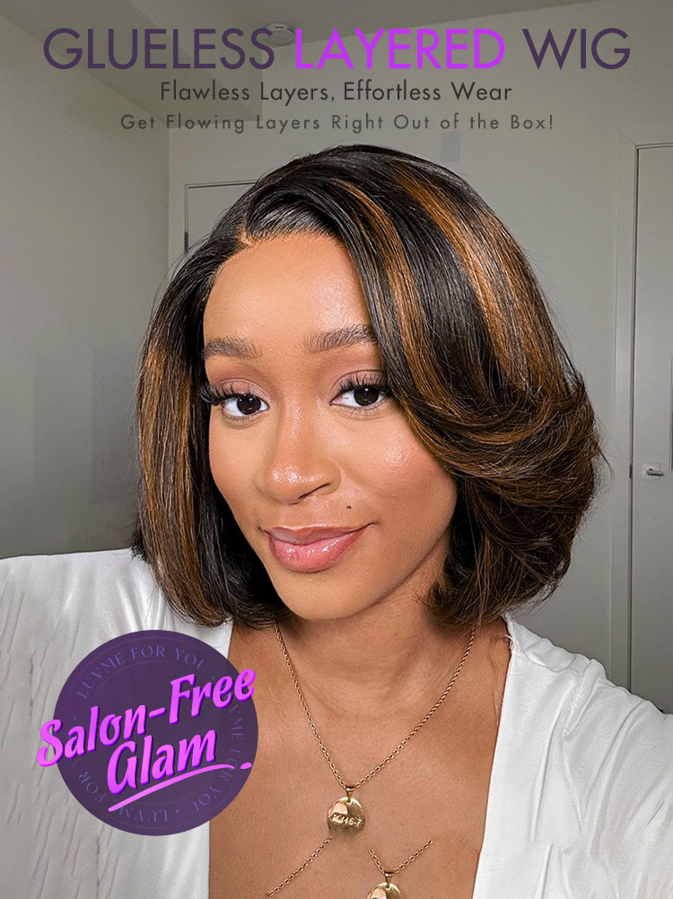 Trendy Brown Highlight Layered Bob Blowout Glueless 5x5 Lace Closure Wig 100% Human Hair Pre-Cut Lace-05