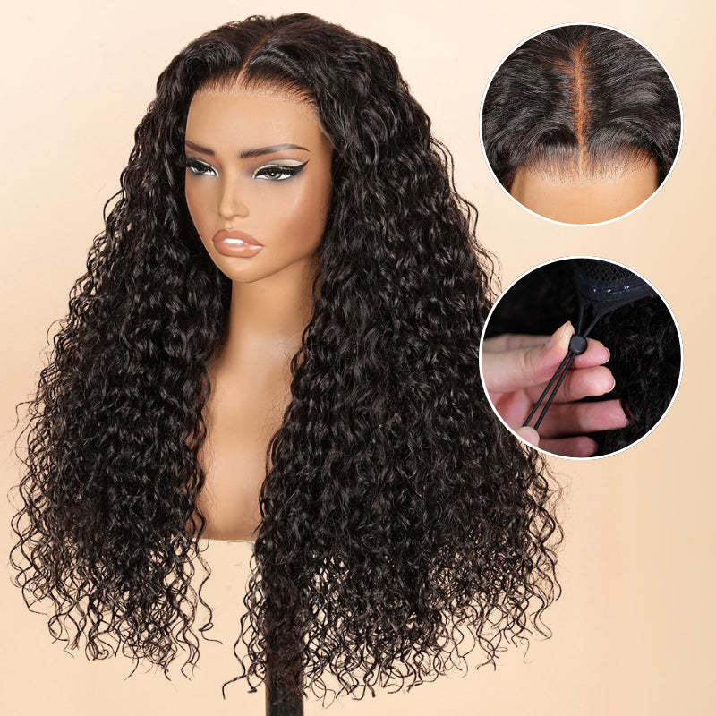 Onimehair™Glueless Water Wave 7x5 / 13x4 Transparent HD Lace Pull and Go Invisible Drawstring Human Hair Wigs