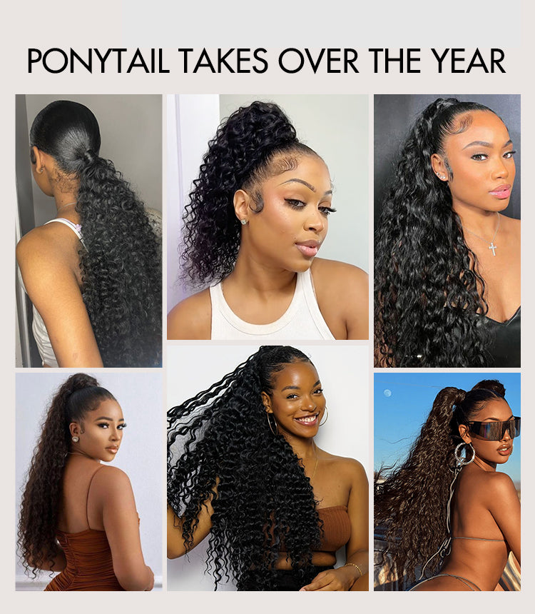 Water Wave Flexi-Fit Drawstring Ponytail Extension Human Hair Natural Black Curly Ponytail