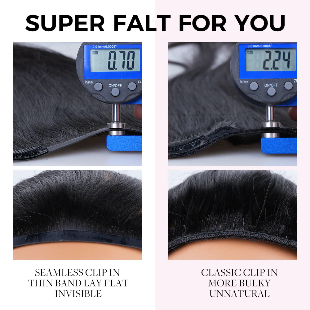 Onime Seamless Clip in Hair Extensions Super Flat Yaki Straight Real Human Hair