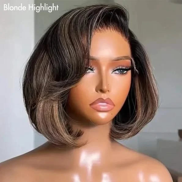 Brown/Blonde Highlight Color Layered Cut 5×5 Lace Bob C Side Part Wear & Go Glueless Closure Wig - Onime Hair