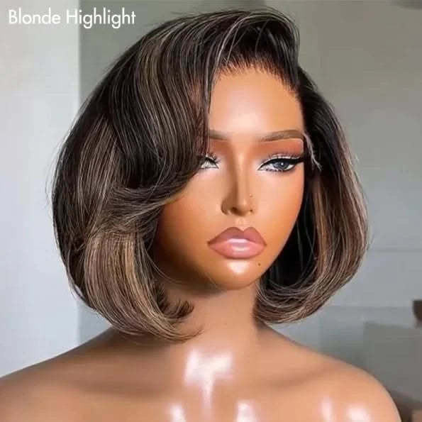 Brown/Blonde Highlight Color Layered Cut 5×5 Lace Bob C Side Part Wear & Go Glueless Closure Wig - Onime Hair