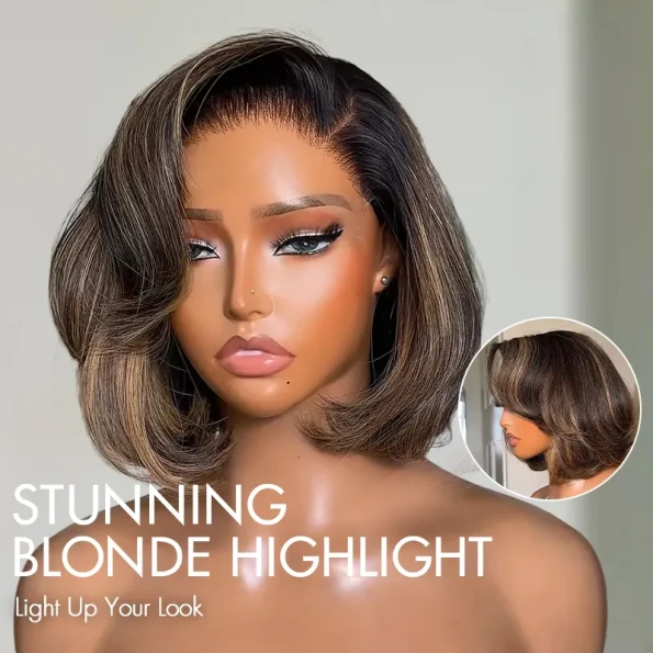 Brown/Blonde Highlight Color Layered Cut 6×5 Lace Bob C Side Part Wear & Go Glueless Closure Wig