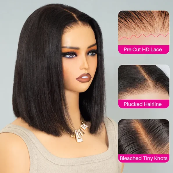Glueless Short Bob Wig Straight 6×5 13×4 Invisible HD Lace Closure Wig 180% Density