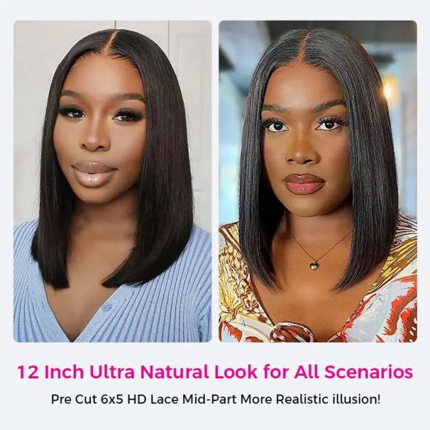 Pull Go Drawstring Bone Straight Bob 5×5 HD Lace Double Drawn Wig Middle/Side Part Vietnamese Hair - Onime Hair