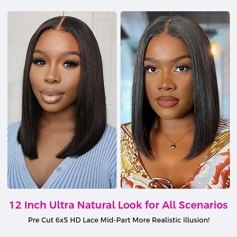 Pull Go Drawstring Bone Straight Bob 6×5 HD Lace Double Drawn Wig Middle/Side Part Vietnamese Hair
